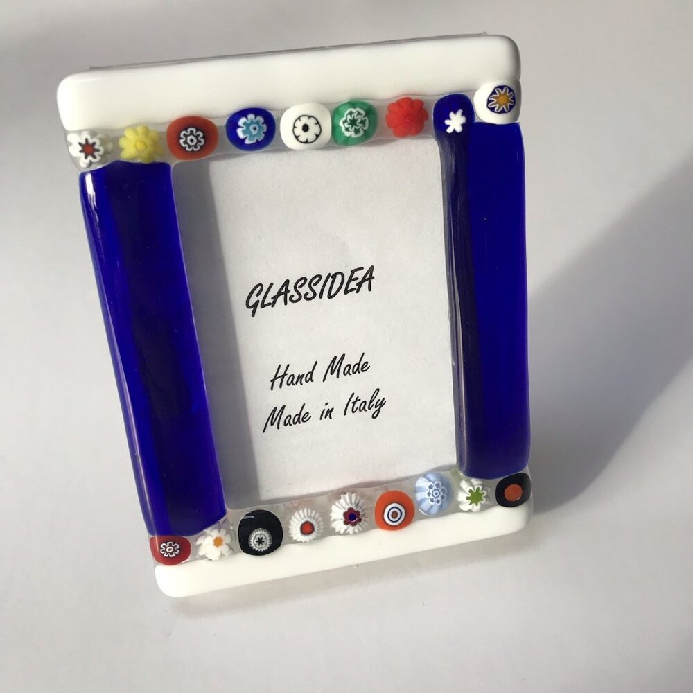 Murano Glass Mini Picture Photo Frame Millefiori Fused Art Blue Tabletop Decor